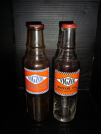 vigzol motor oil bottles (pints) one with early foil cap - click to enlarge