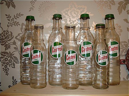 castrol, 7 different castrol oil bottles, all very slightly different - click to enlarge